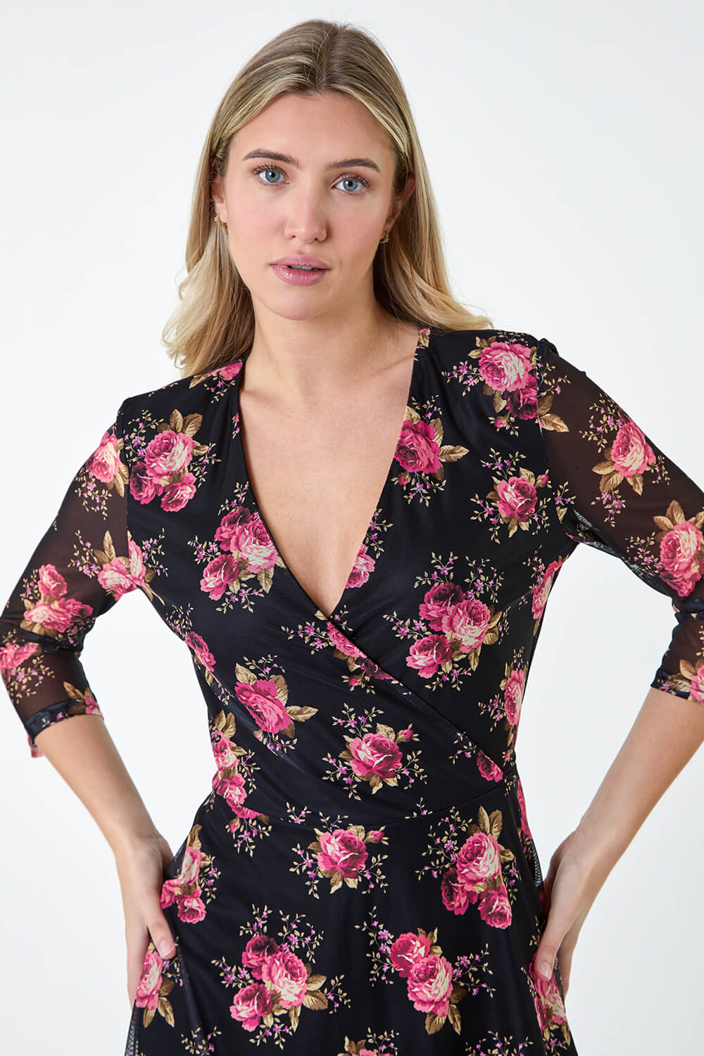 Black Floral Stretch Mesh Hanky Hem Wrap Dress | Roman UK