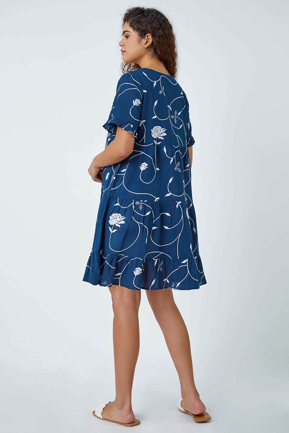 Navy  Cotton Embroidered Tiered Smock Dress, Image 3 of 5