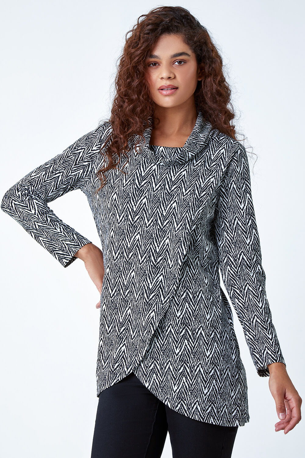 Geo Print Wrap Front Cowl Neck Stretch Top