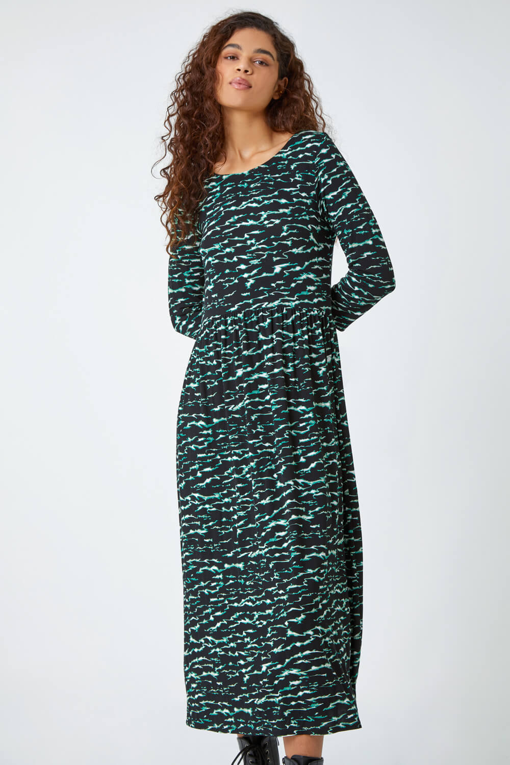 Green Abstract Wave Print Stretch Midi Dress, Image 2 of 5