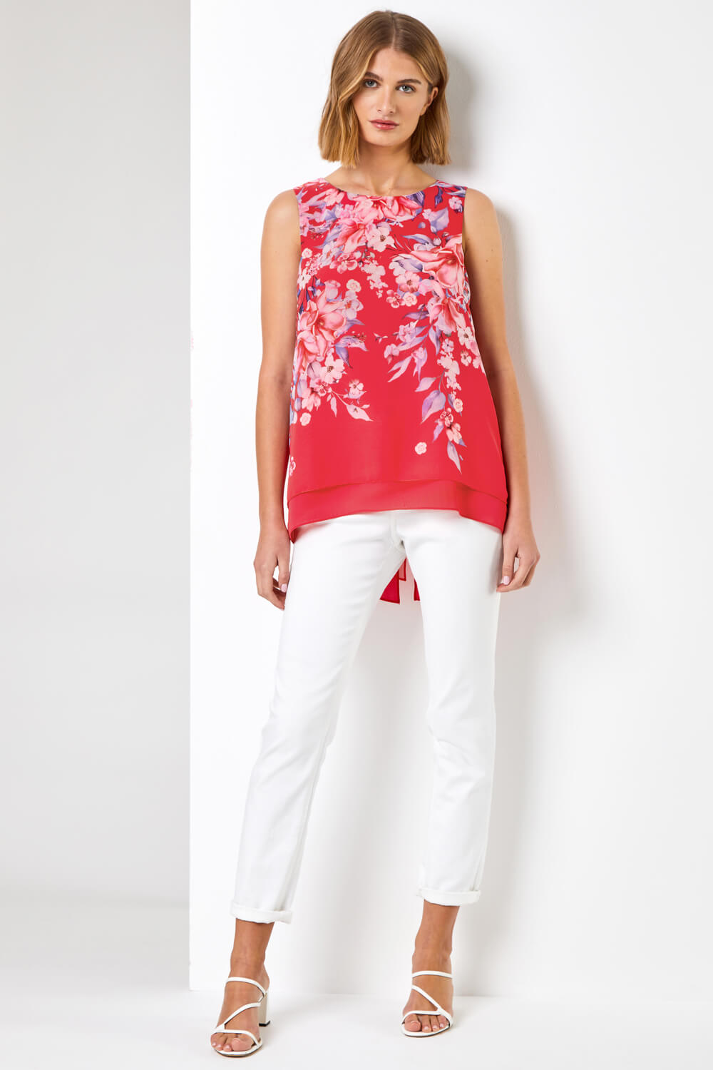Red Floral Print Chiffon Overlay Top, Image 3 of 4