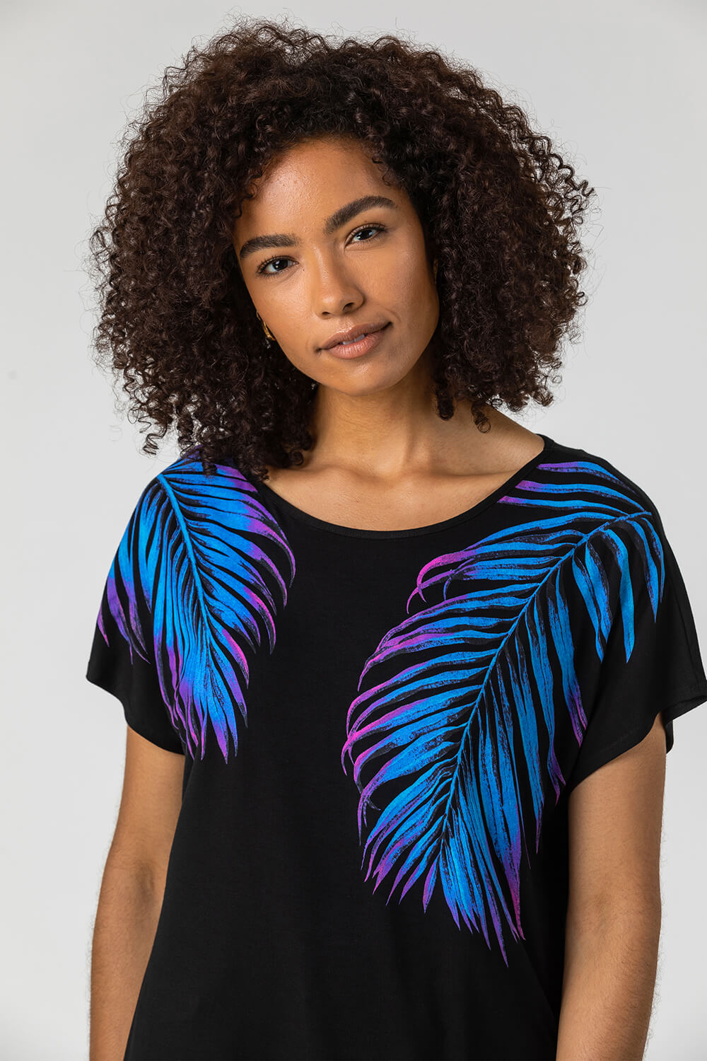 Black Tropical Print T-Shirt Top, Image 4 of 4