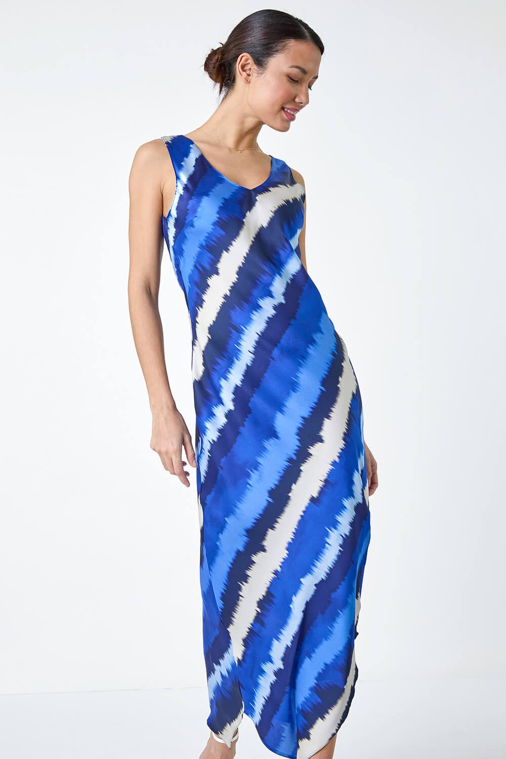 Royal Blue Stripe Print Satin Midi Slip Dress, Image 2 of 5
