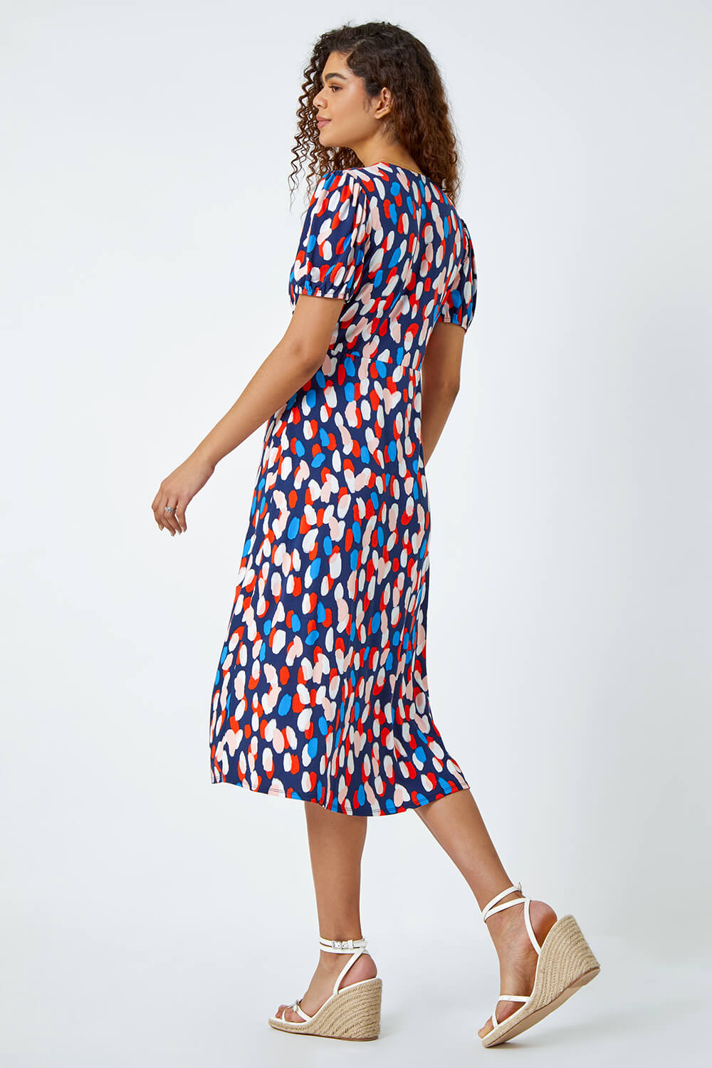 Red Abstract Spot Stretch Midi Dress, Image 3 of 5