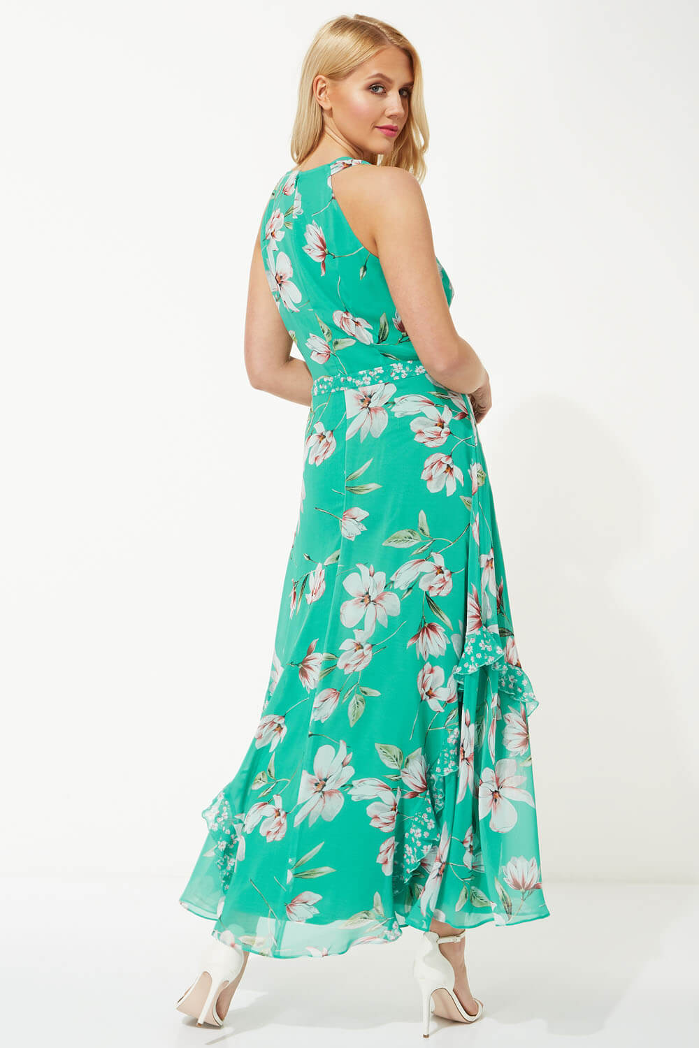 Green Floral Print Frill Maxi Dress , Image 2 of 4