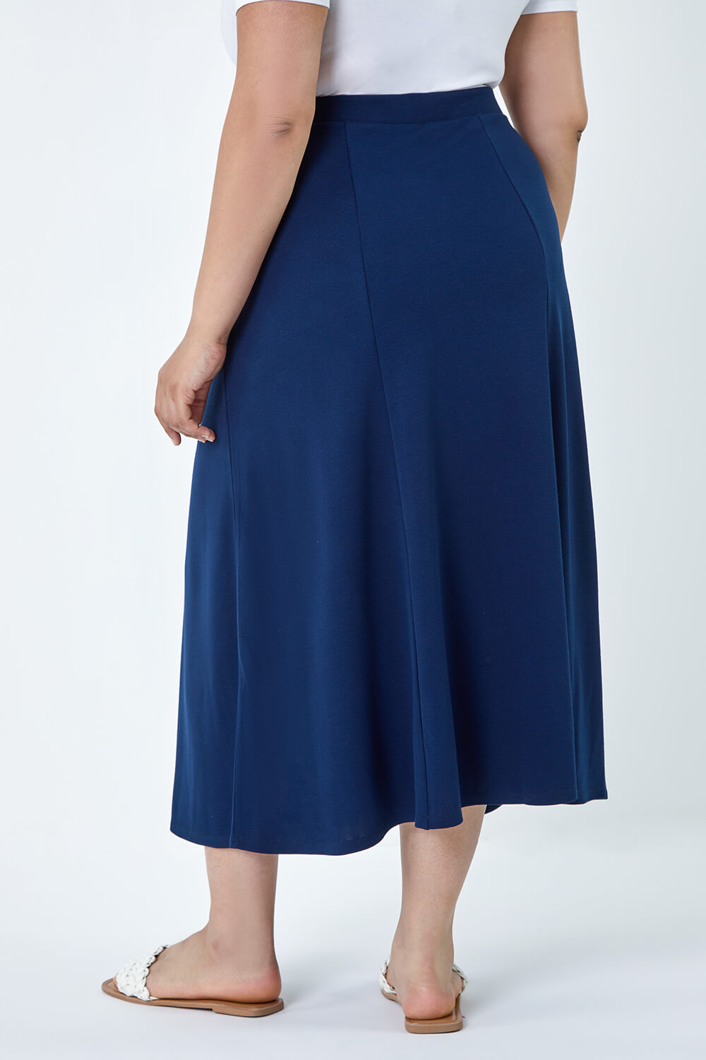 Navy  Curve Flared Midi Stretch Skirt, Image 3 of 5