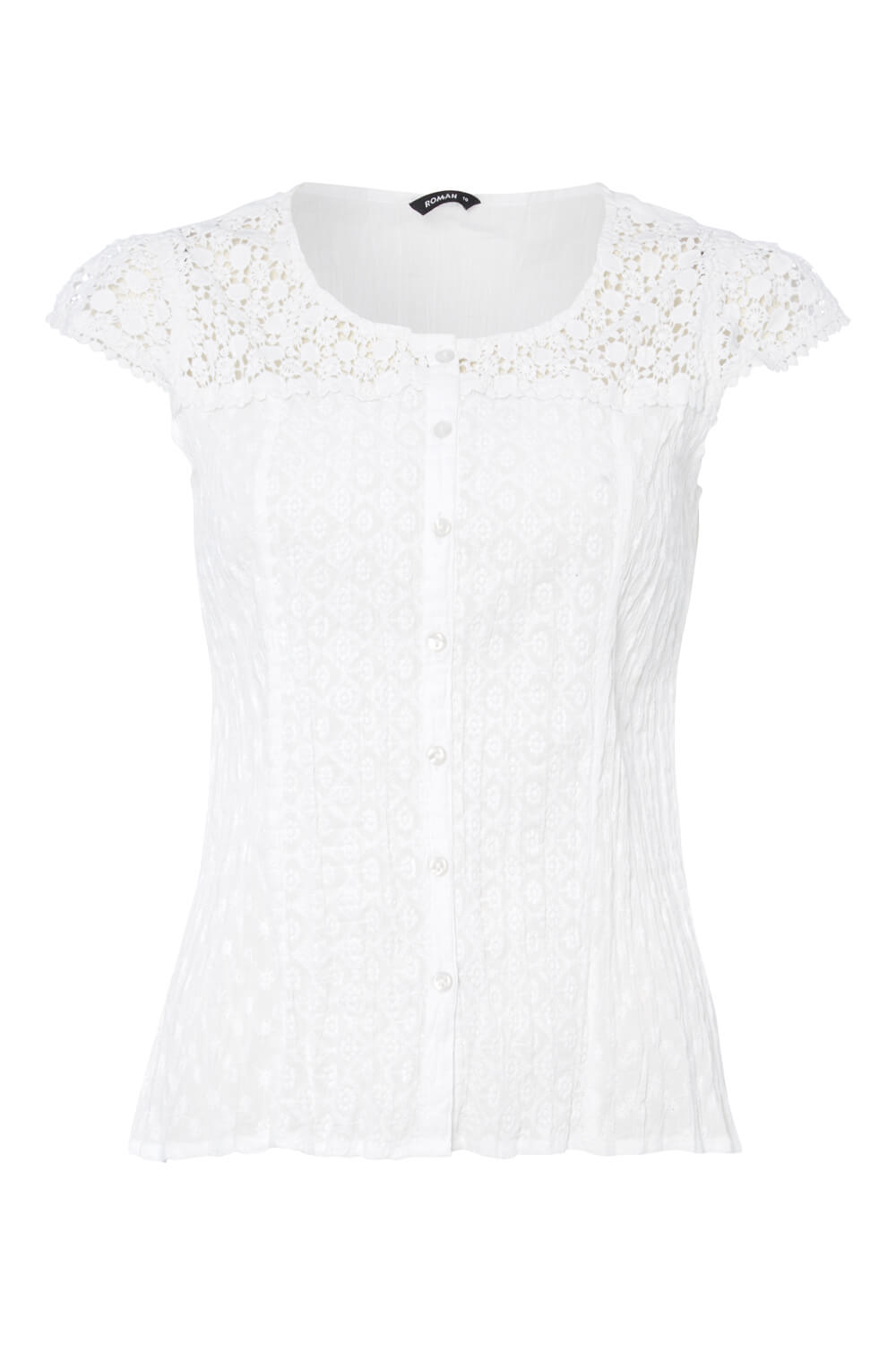 Lace Yoke and Sleeve Crinkle Blouse in WHITE - Roman Originals UK