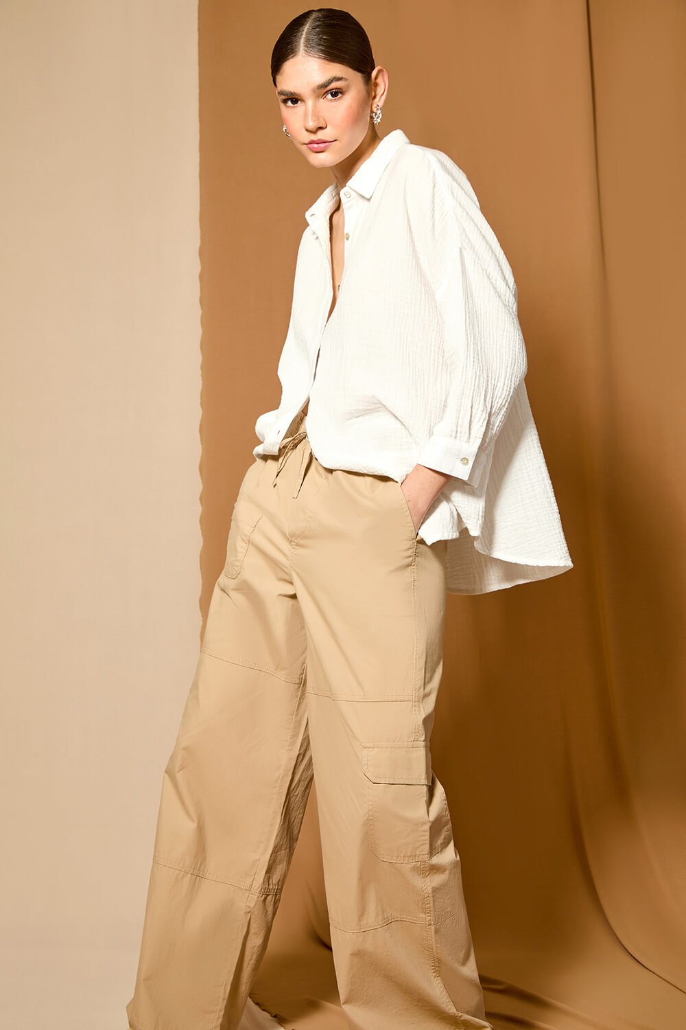 Natural  Cotton Wide Leg Cargo Trousers, Image 7 of 7