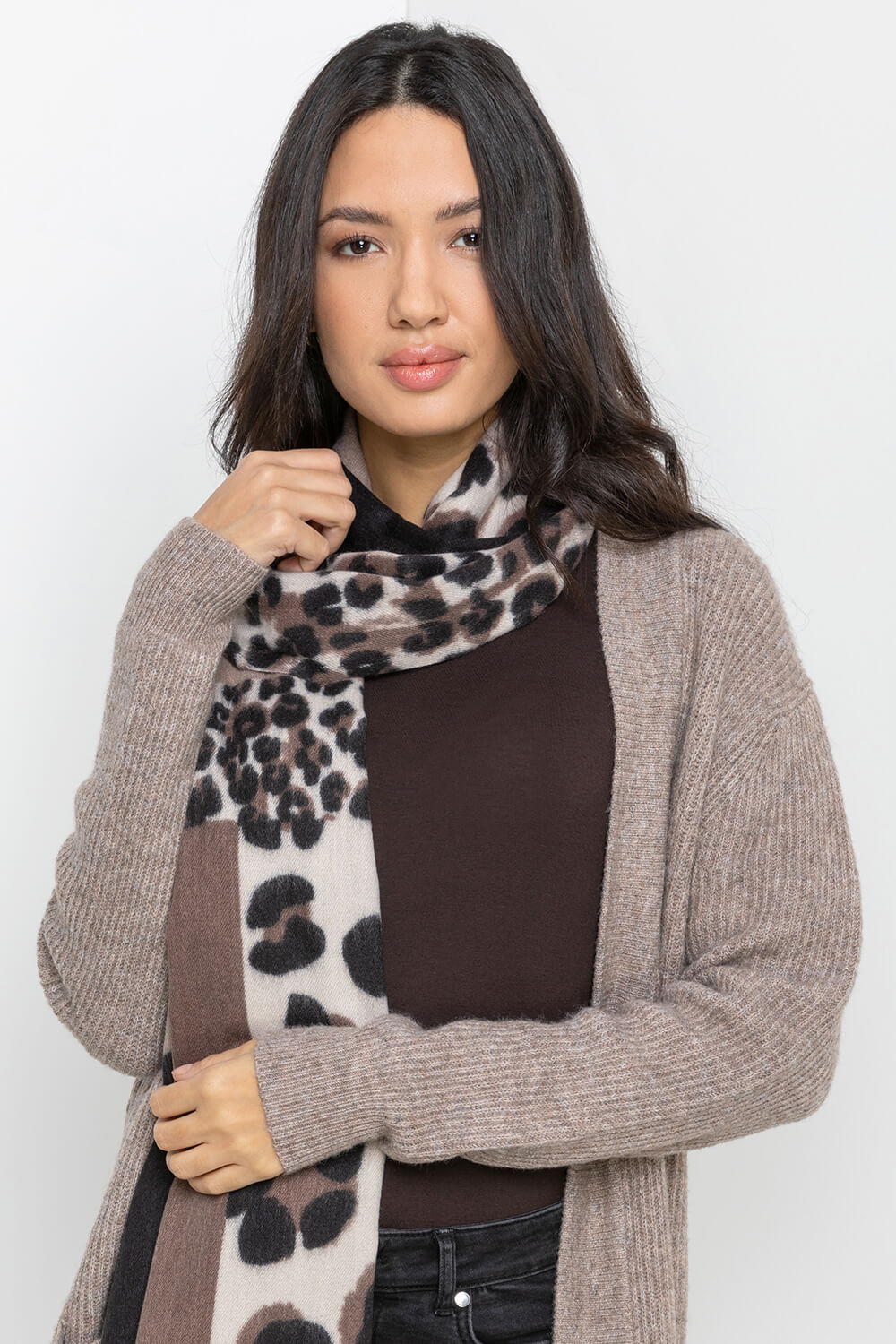 Taupe Colour Block Animal Print Scarf, Image 4 of 4