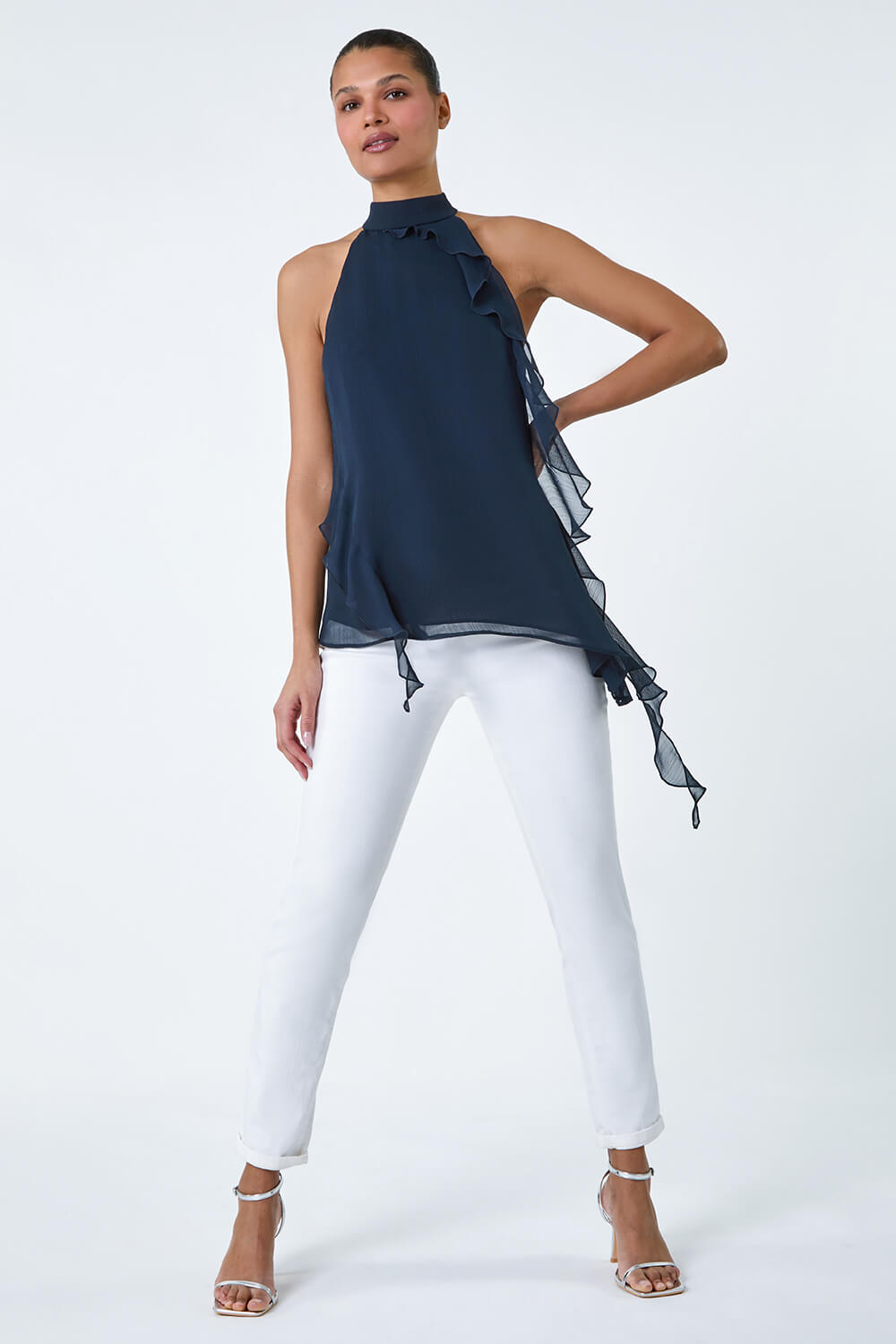 Navy  Halterneck Asymmetric Frill Detail Top, Image 2 of 5