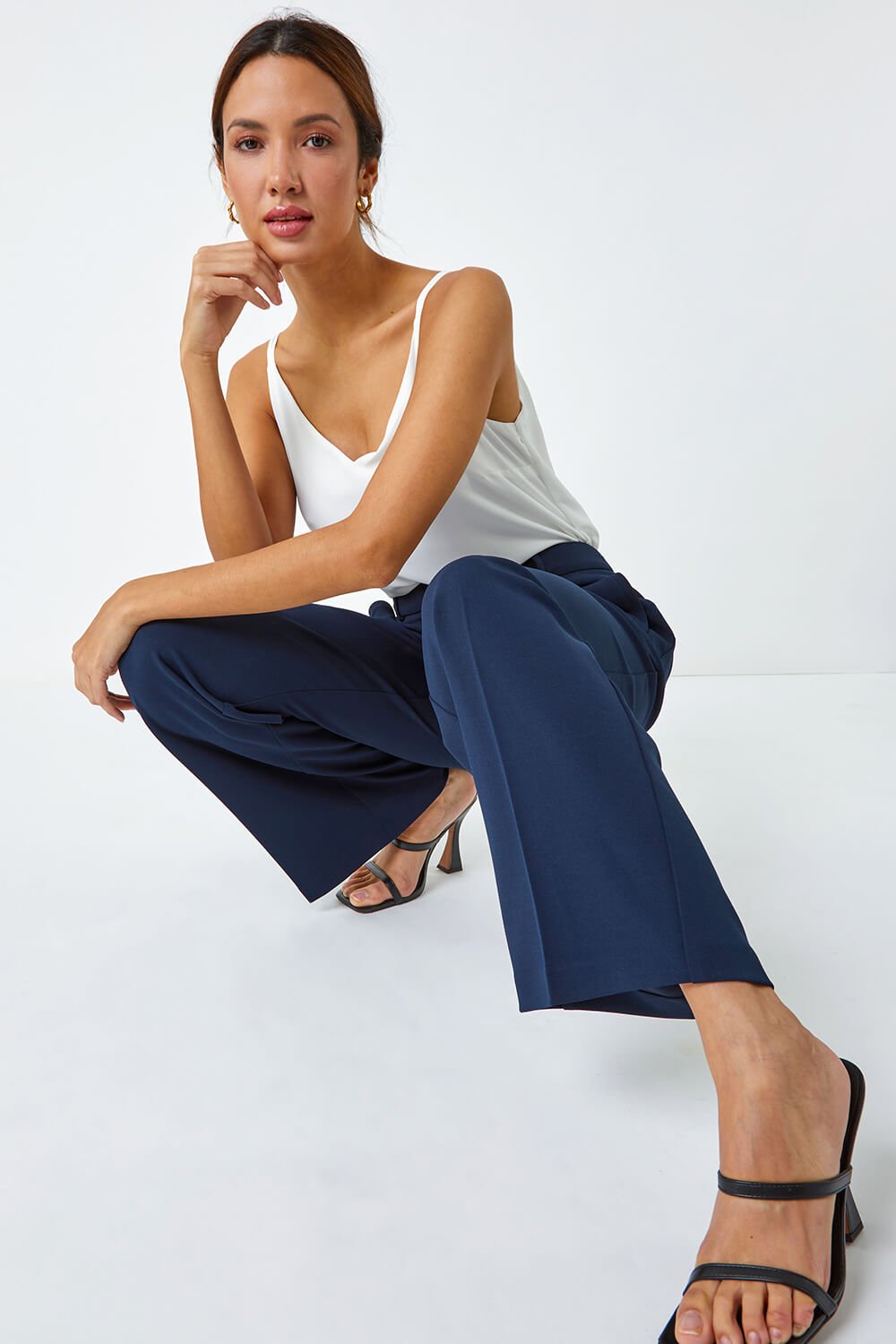 Navy  Wide Leg Premium Stretch Trousers, Image 4 of 5