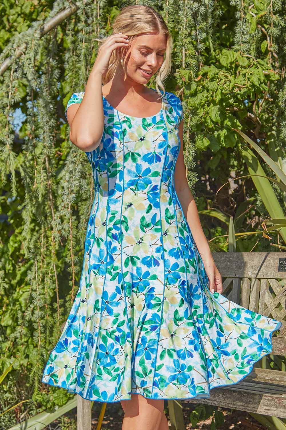 Floral Garden Print Panel Dress in Blue & Green - Roman Originals UK