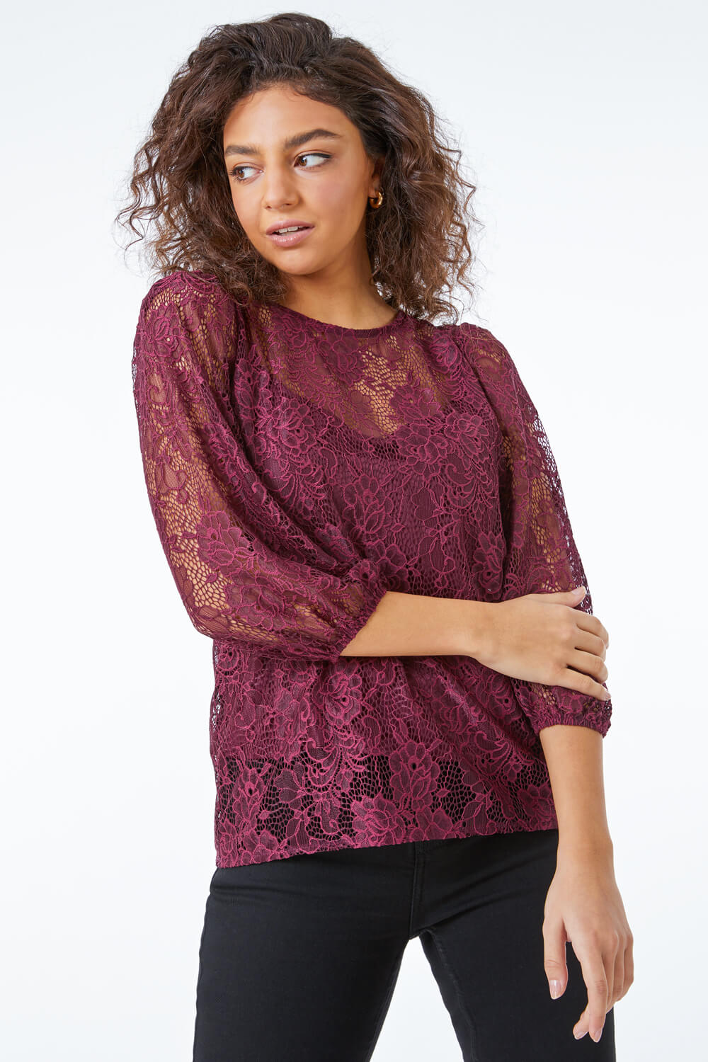 Wine Petite Puff Sleeve Lace Top, Image 2 of 5