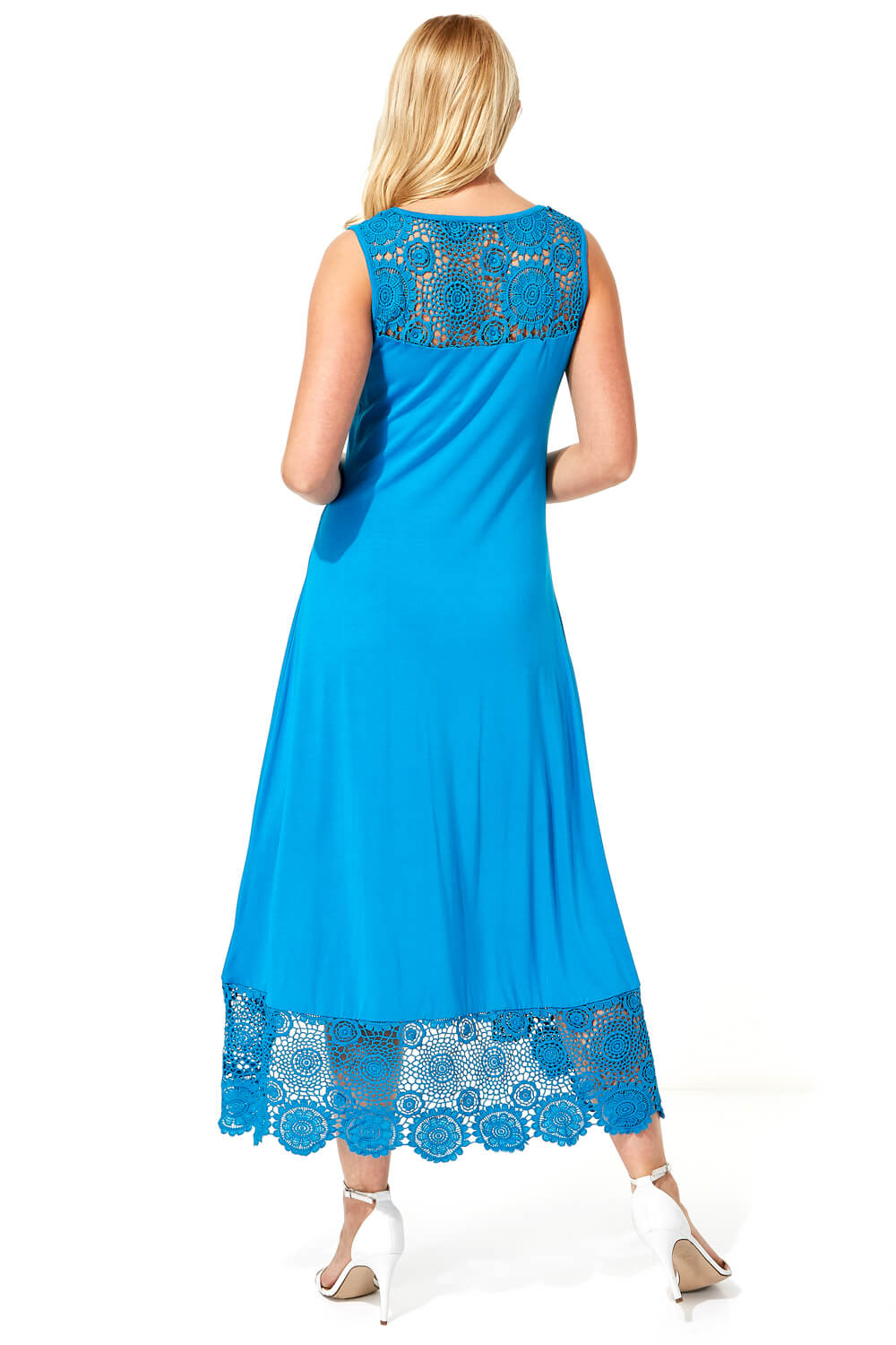 Turquoise Crochet Hem Stretch Midi Dress, Image 2 of 4
