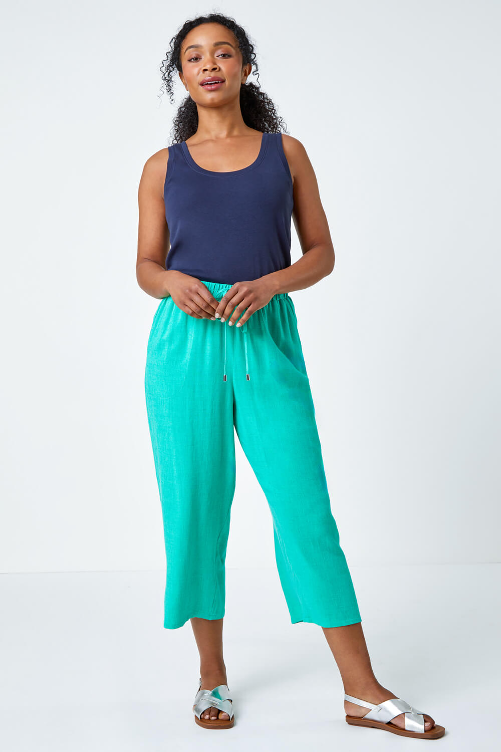 Jade Petite Linen Mix Wide Cropped Trousers, Image 2 of 5