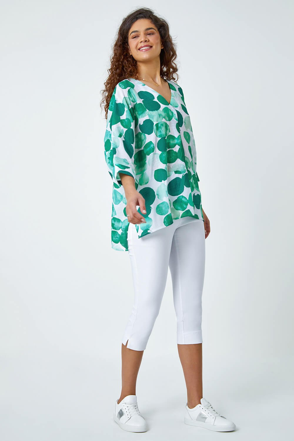 Green Spot Print Relaxed Woven Top, Image 2 of 5