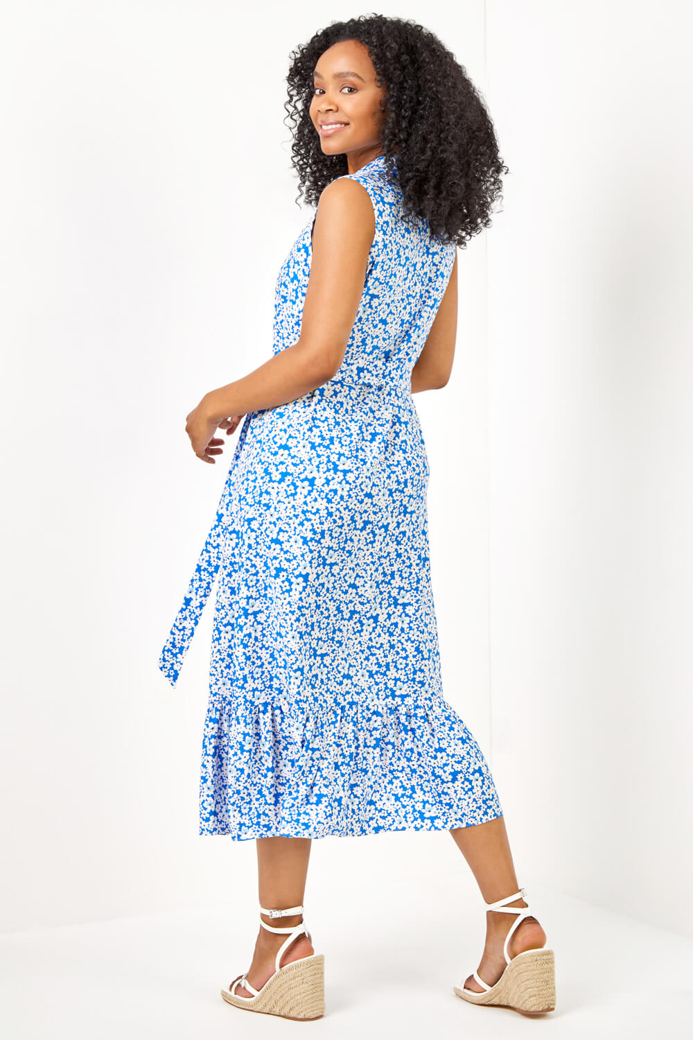 Blue Petite Ditsy Floral Print Frill Tiered Dress, Image 3 of 5