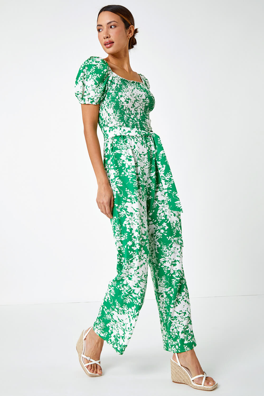 Green Ditsy Floral Stretch Shirred Jumpsuit, Image 2 of 5