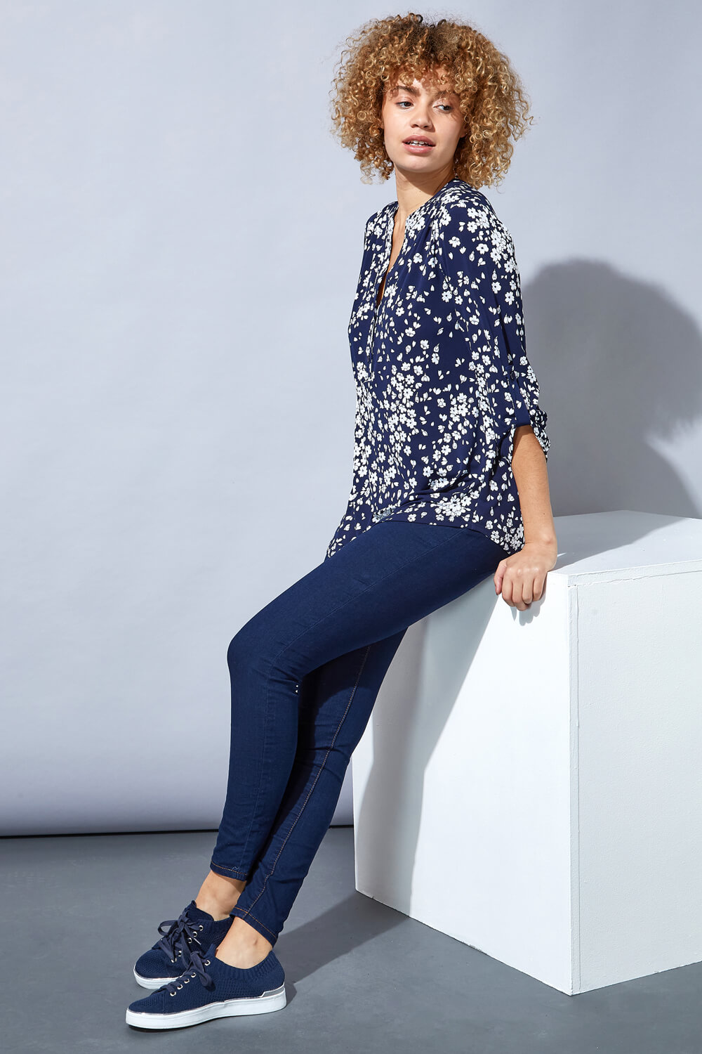 Navy  Floral Print Button Detail Top, Image 2 of 4