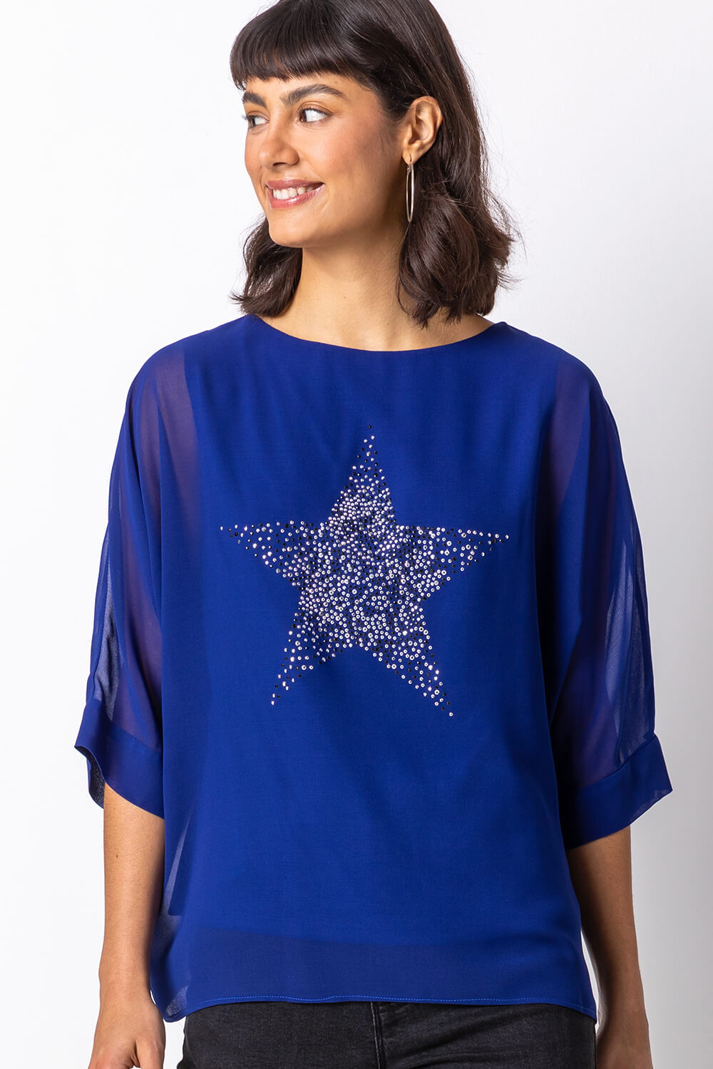 Royal Blue Star Embellished Chiffon Top, Image 3 of 4