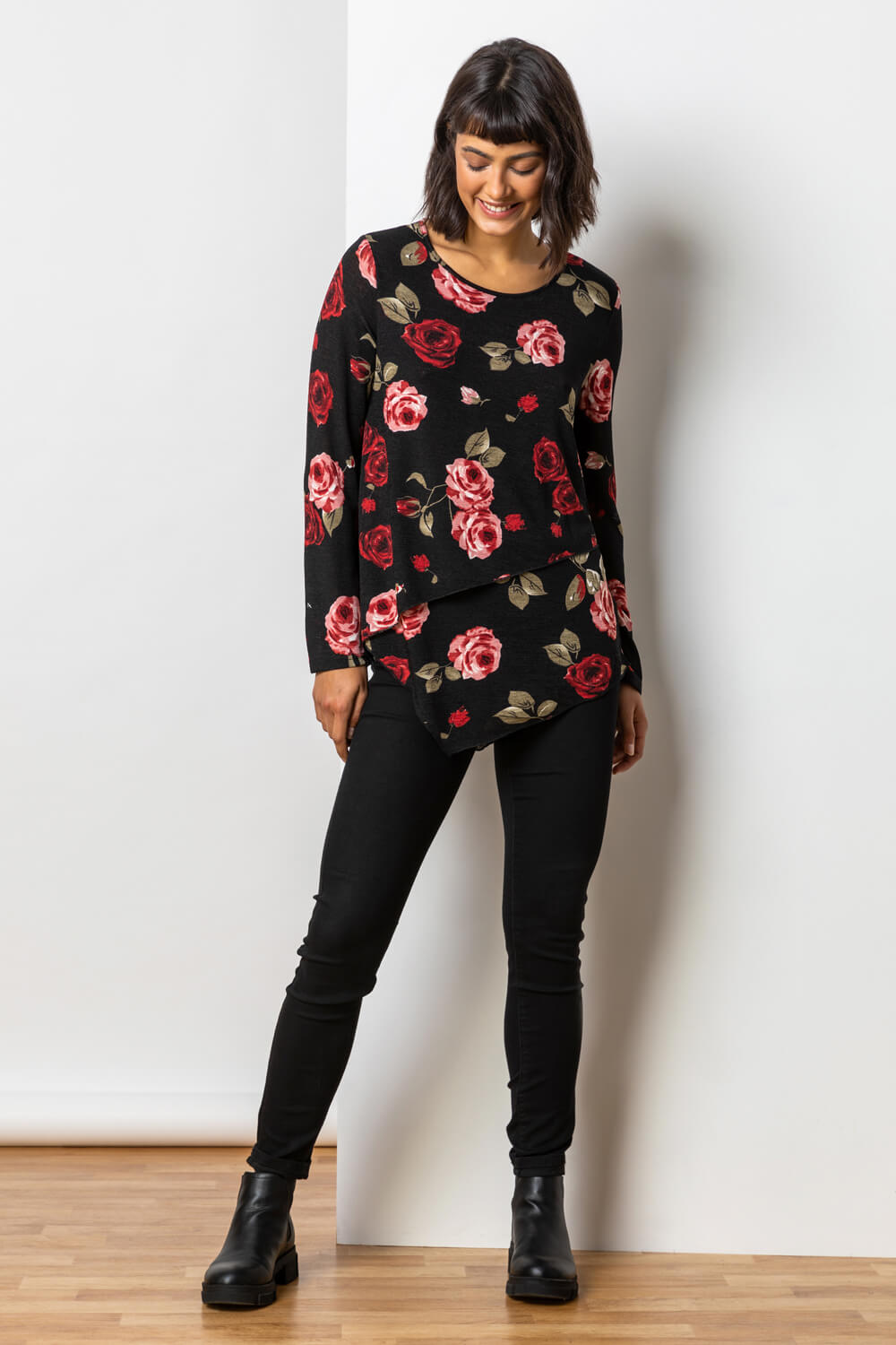 PINK Floral Rose Print Layered Asymmetric Top , Image 3 of 5