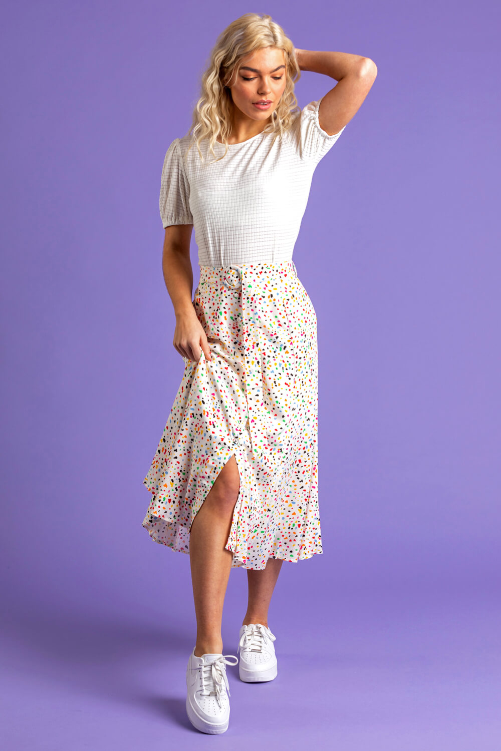 Multi  Scattered Spot Print Belted Skirt, Image 2 of 4