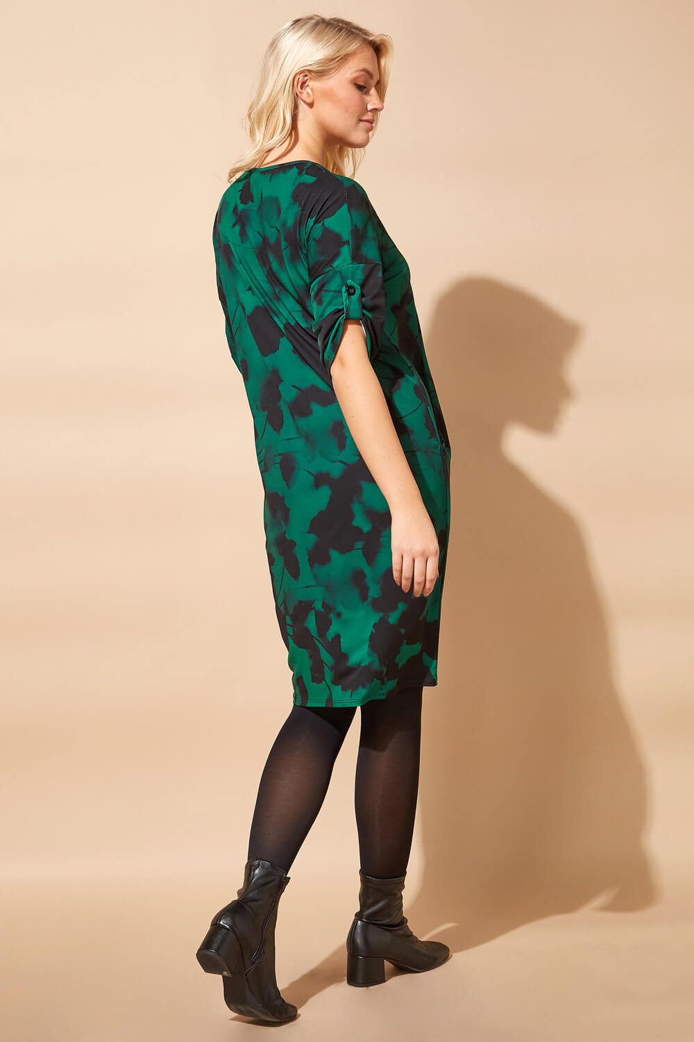 Green Abstract Floral Pocket Tunic Dress, Image 3 of 4