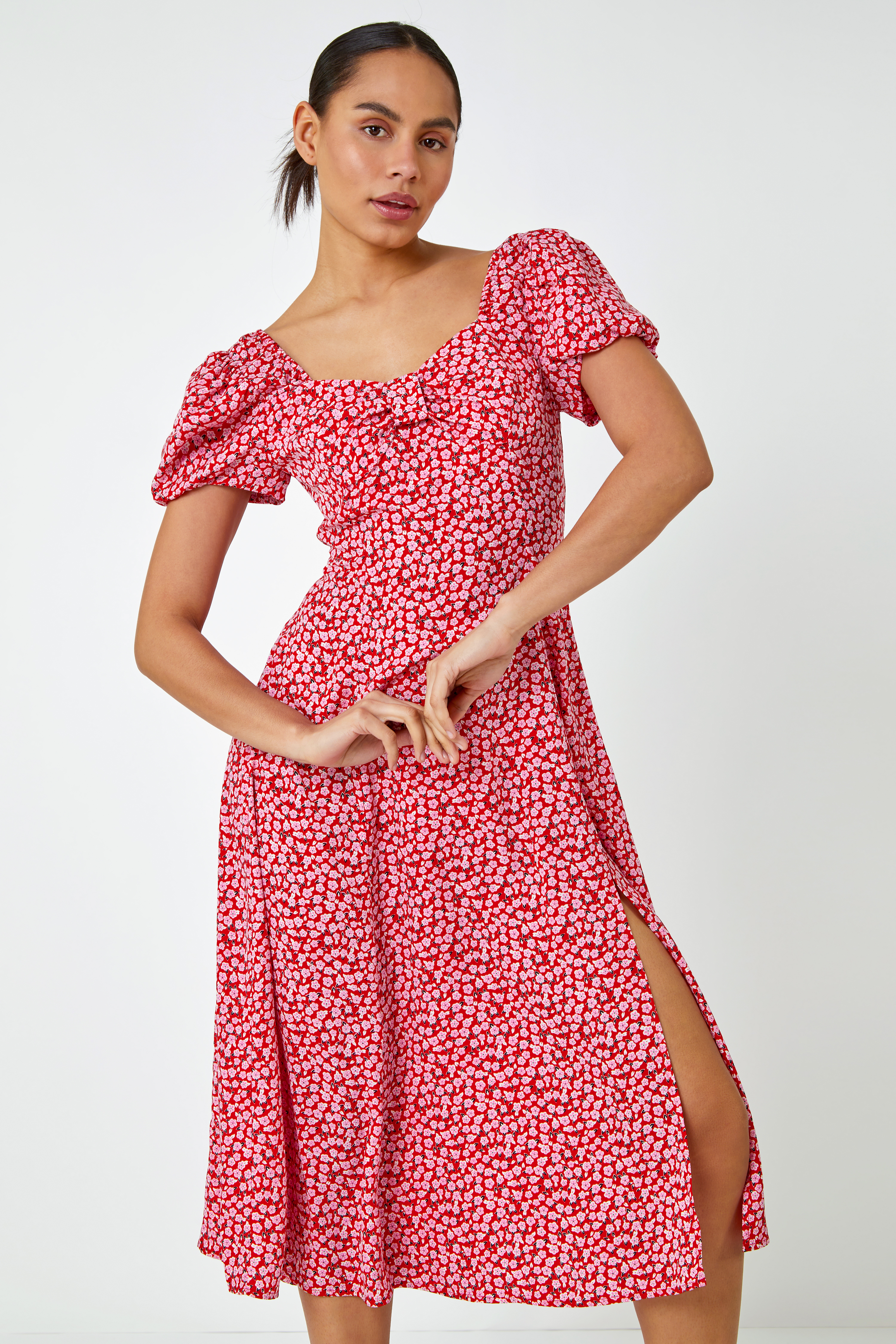 Red Ditsy Floral Bow Detail Midi Dress, Image 4 of 5