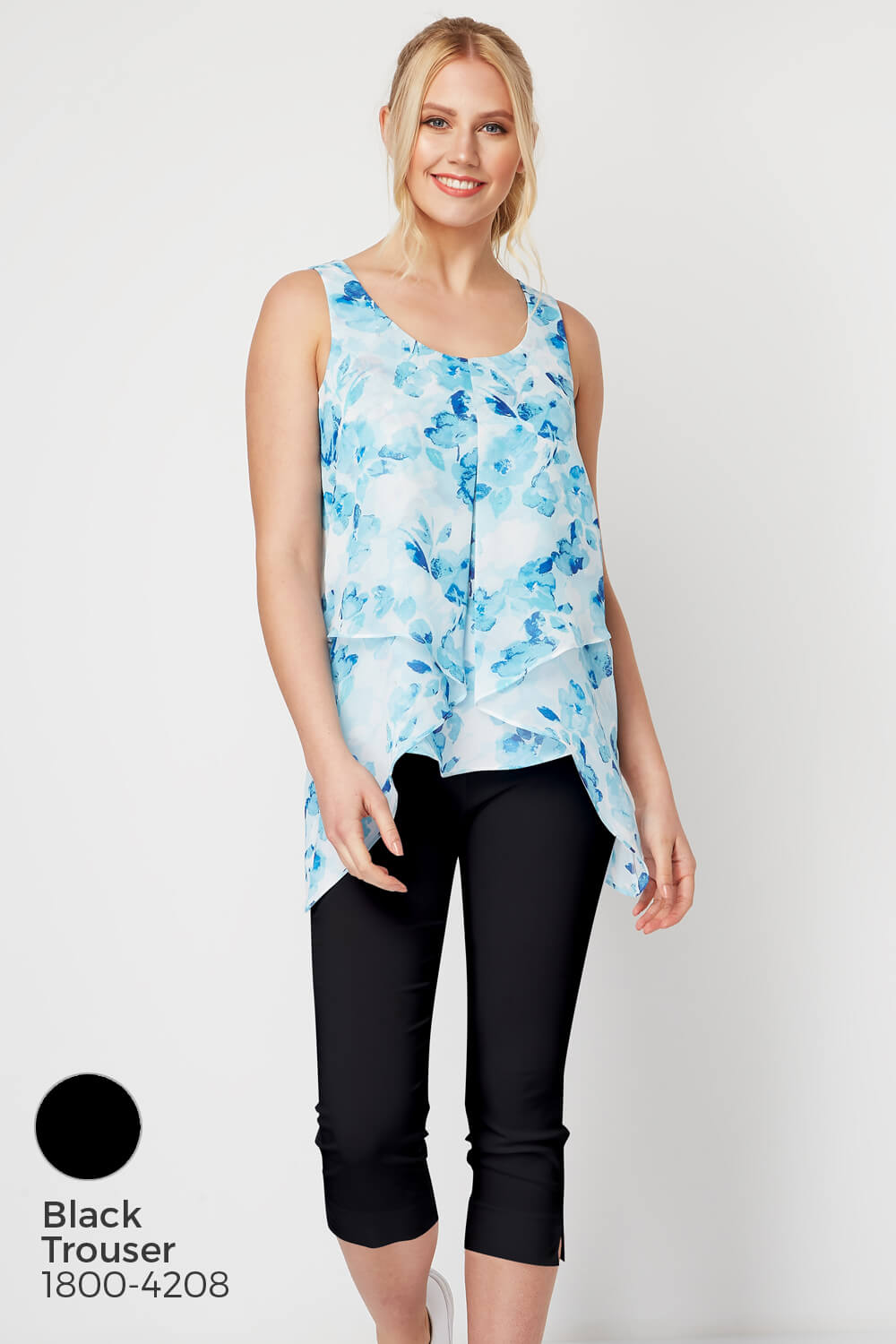 Blue Floral Print Asymmetric Chiffon Vest Top, Image 7 of 8