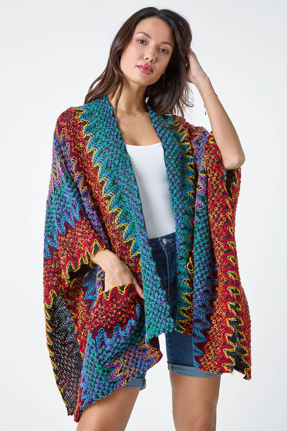 Turquoise One Size Textured Aztec Print Cape, Image 4 of 5