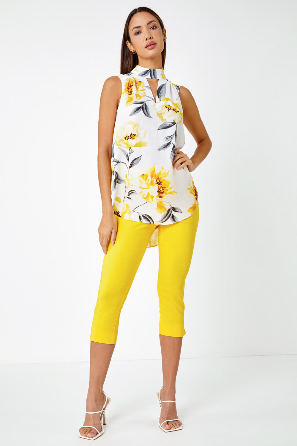 Yellow Floral Print High Neck Sleeveless Top, Image 4 of 5