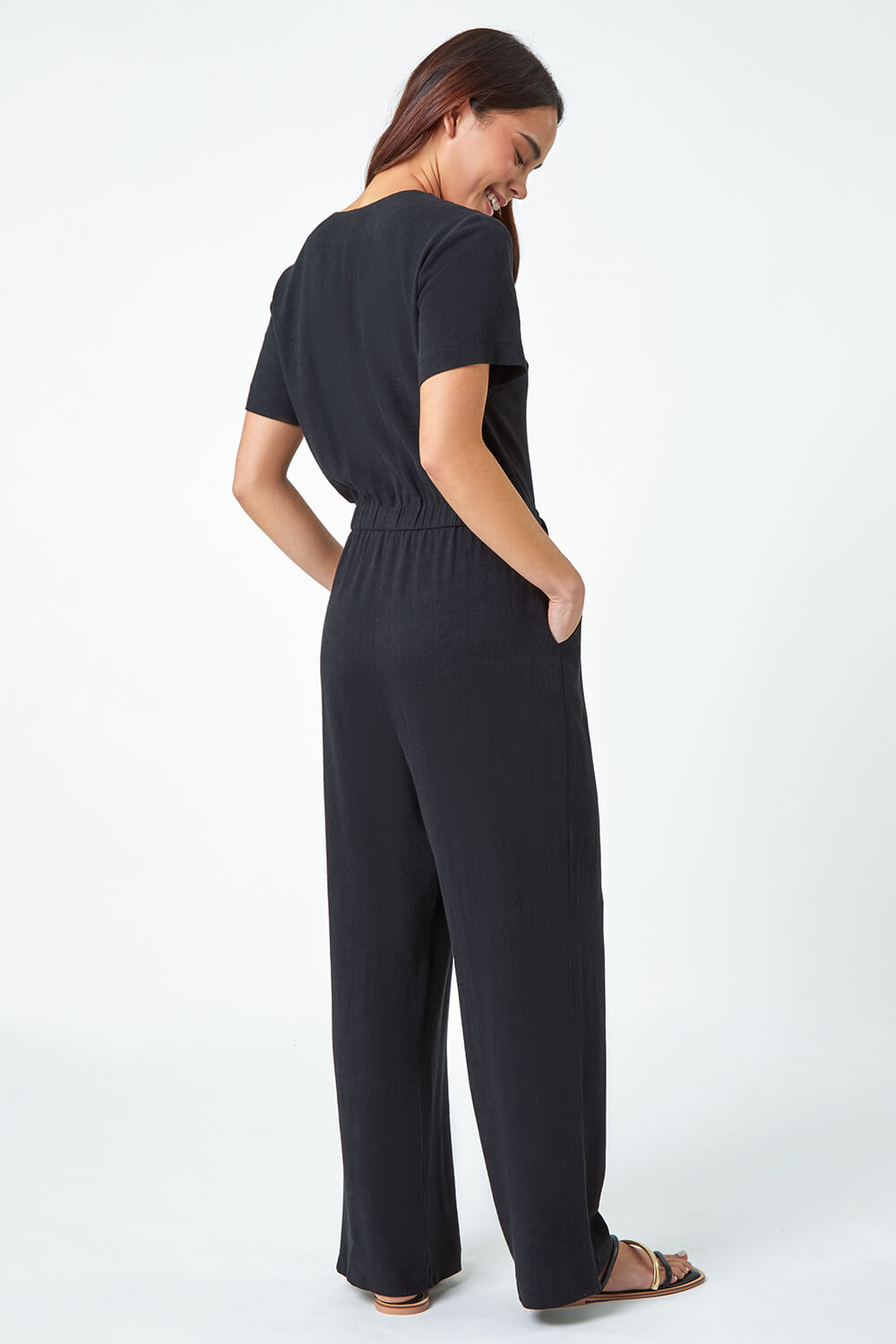 Black Petite Linen Blend Jumpsuit, Image 3 of 5