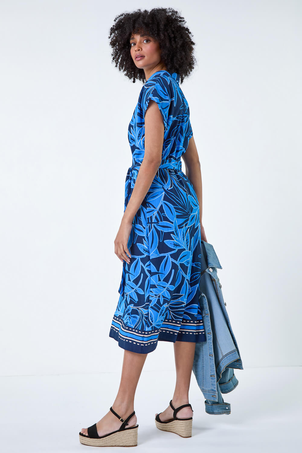 Royal Blue Border Leaf Print Midi Dress, Image 3 of 5