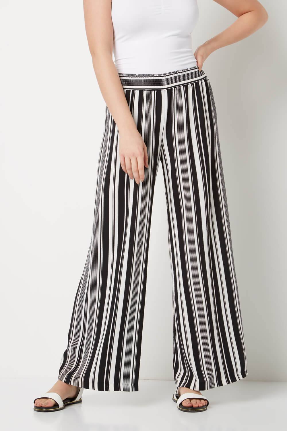 black striped wide leg trousers