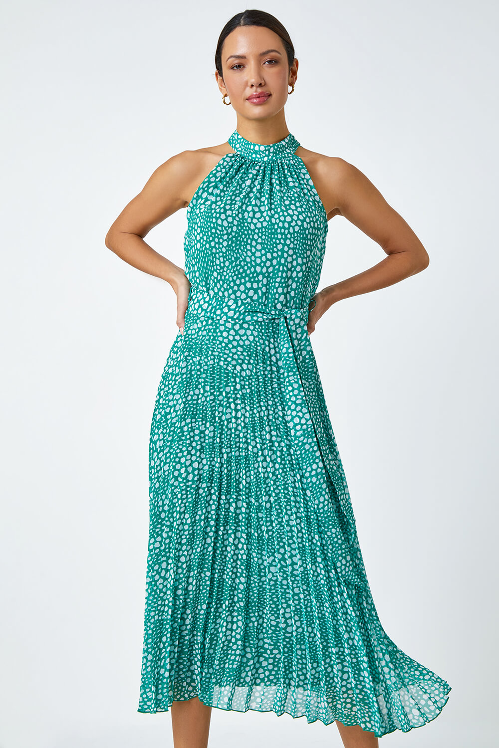 Green Spot Print Halter Neck Midi Dress, Image 3 of 5