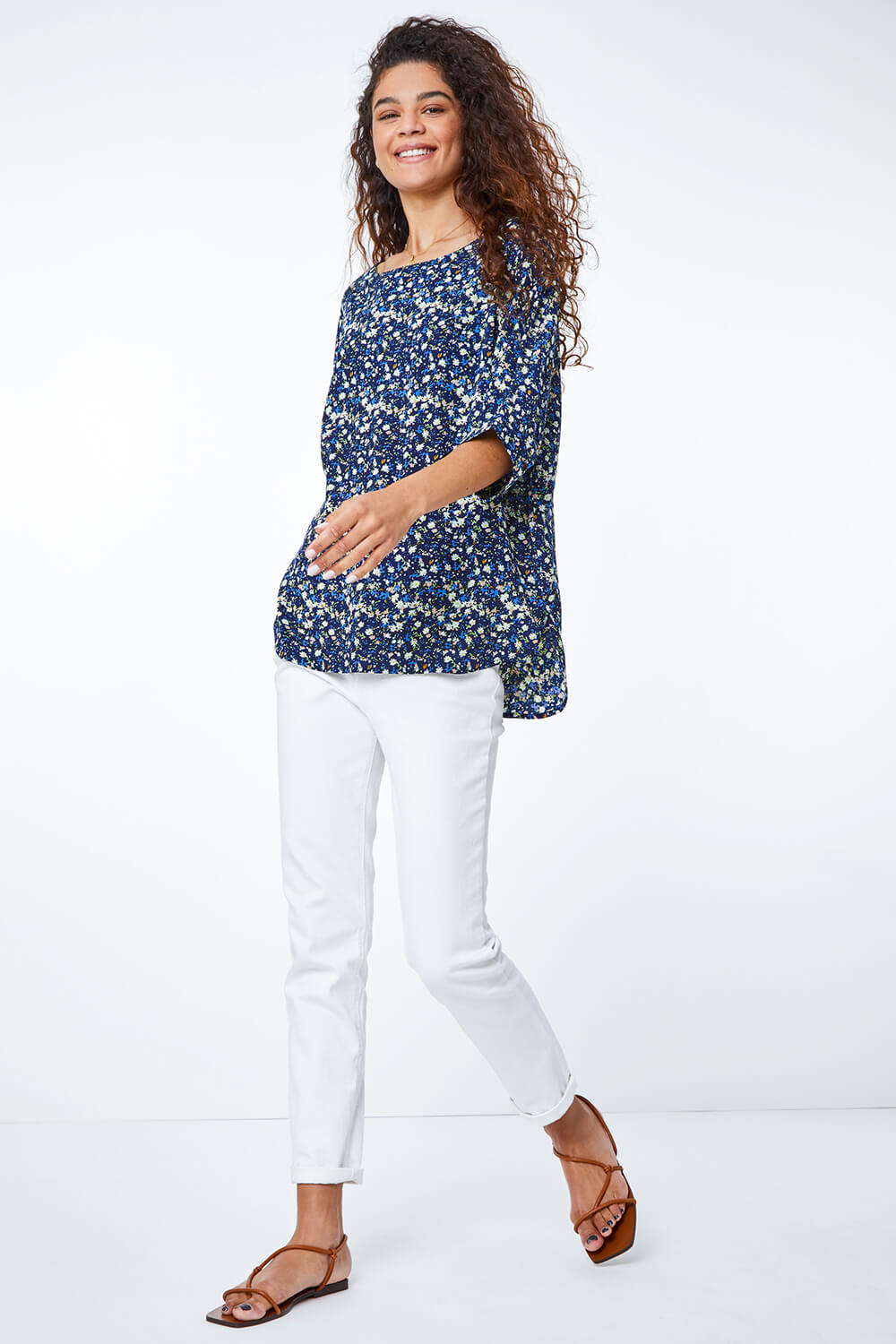 Navy  Ditsy Floral Print Tunic Top, Image 2 of 5