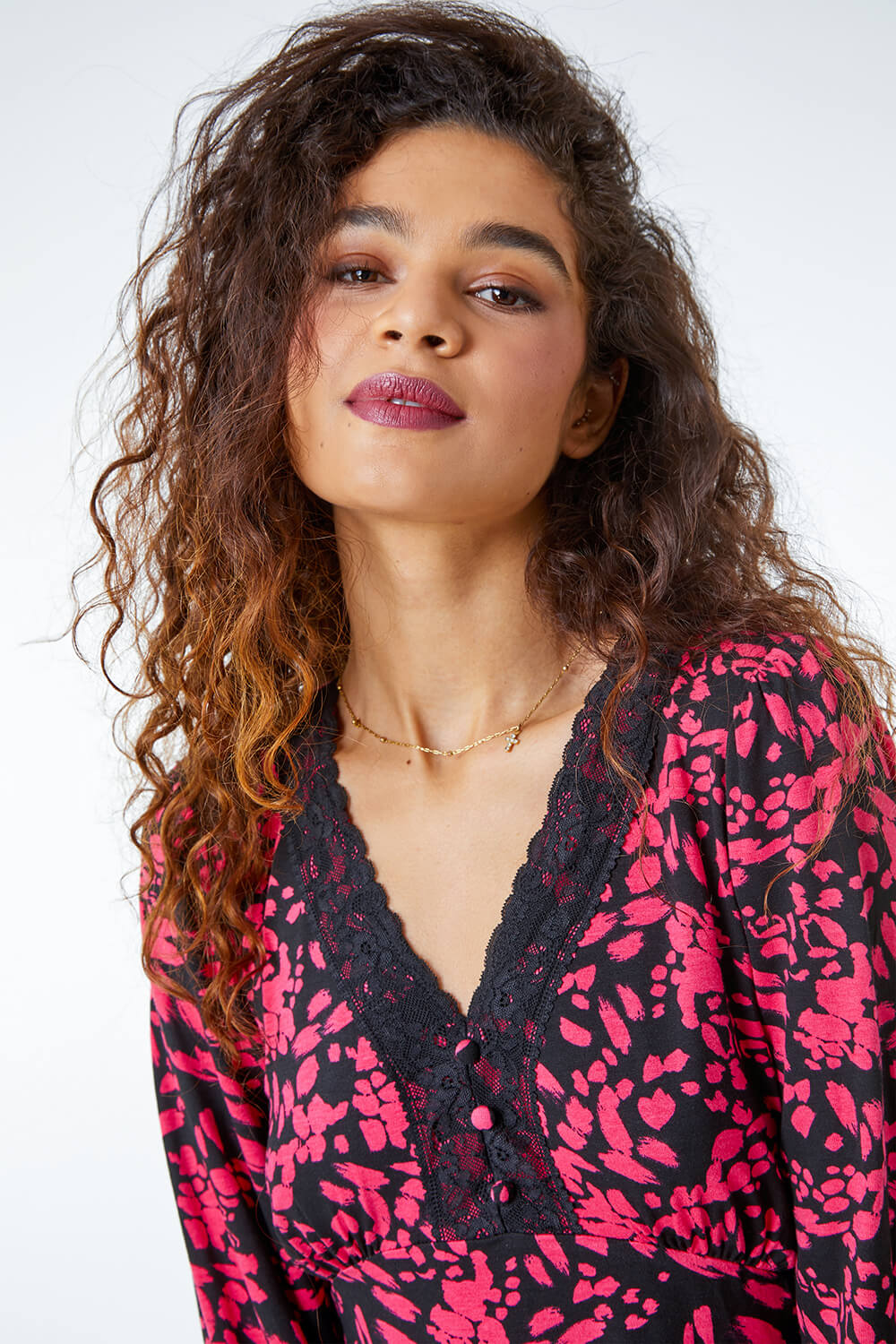 Lace Detail Abstract Jersey Top in Cerise Roman Originals UK