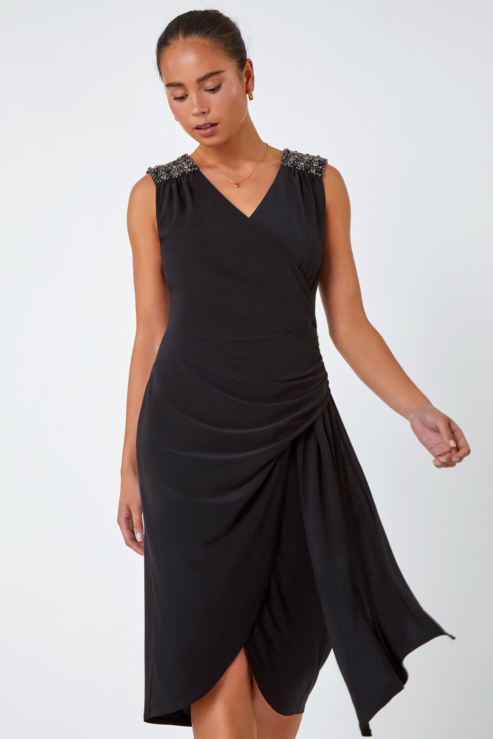 Black Petite Embellished Ruched Stretch Dress, Image 2 of 5