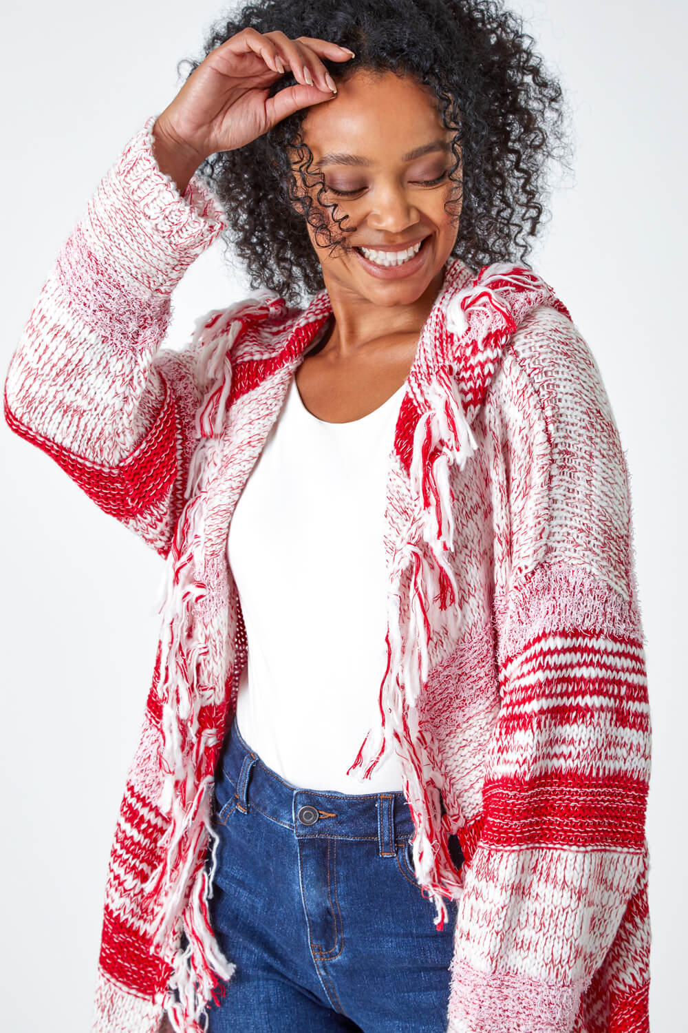 Red Petite Fringed Hooded Cardigan, Image 4 of 5