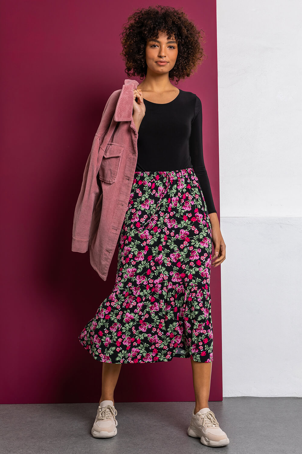 Floral Curved Hem Midi Skirt in Black - Roman Originals UK