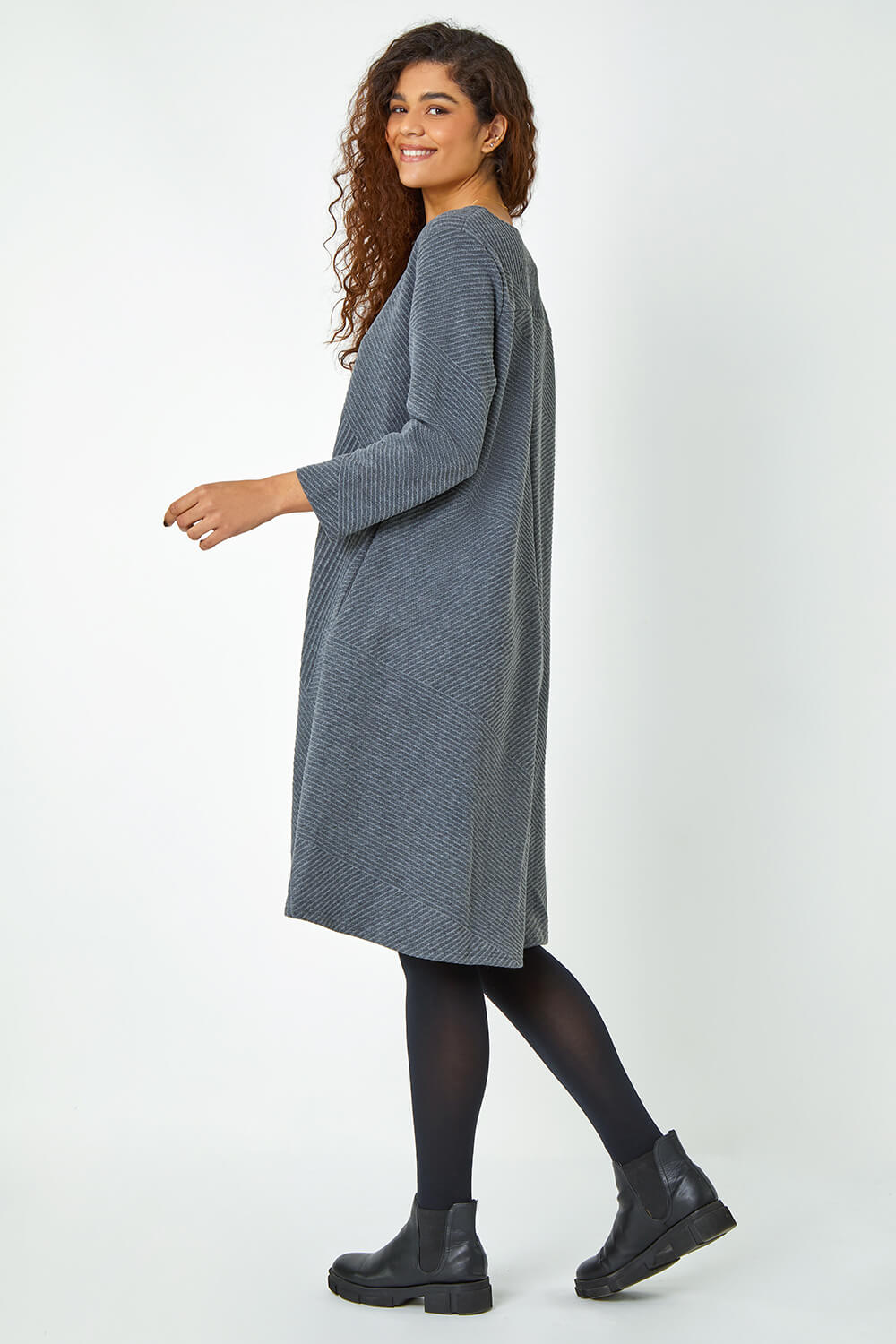 Dark Grey Ribbed Asymmetric Stretch Jersey Dress, Image 3 of 5