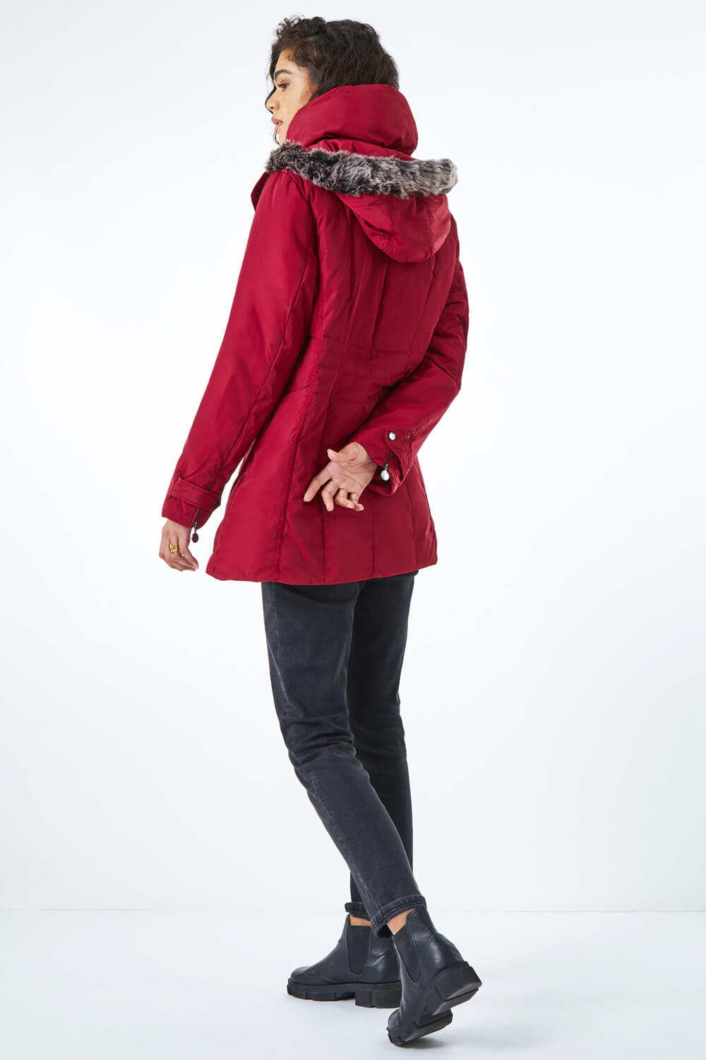 Red Faux Fur Trim Hooded Coat, Image 3 of 4