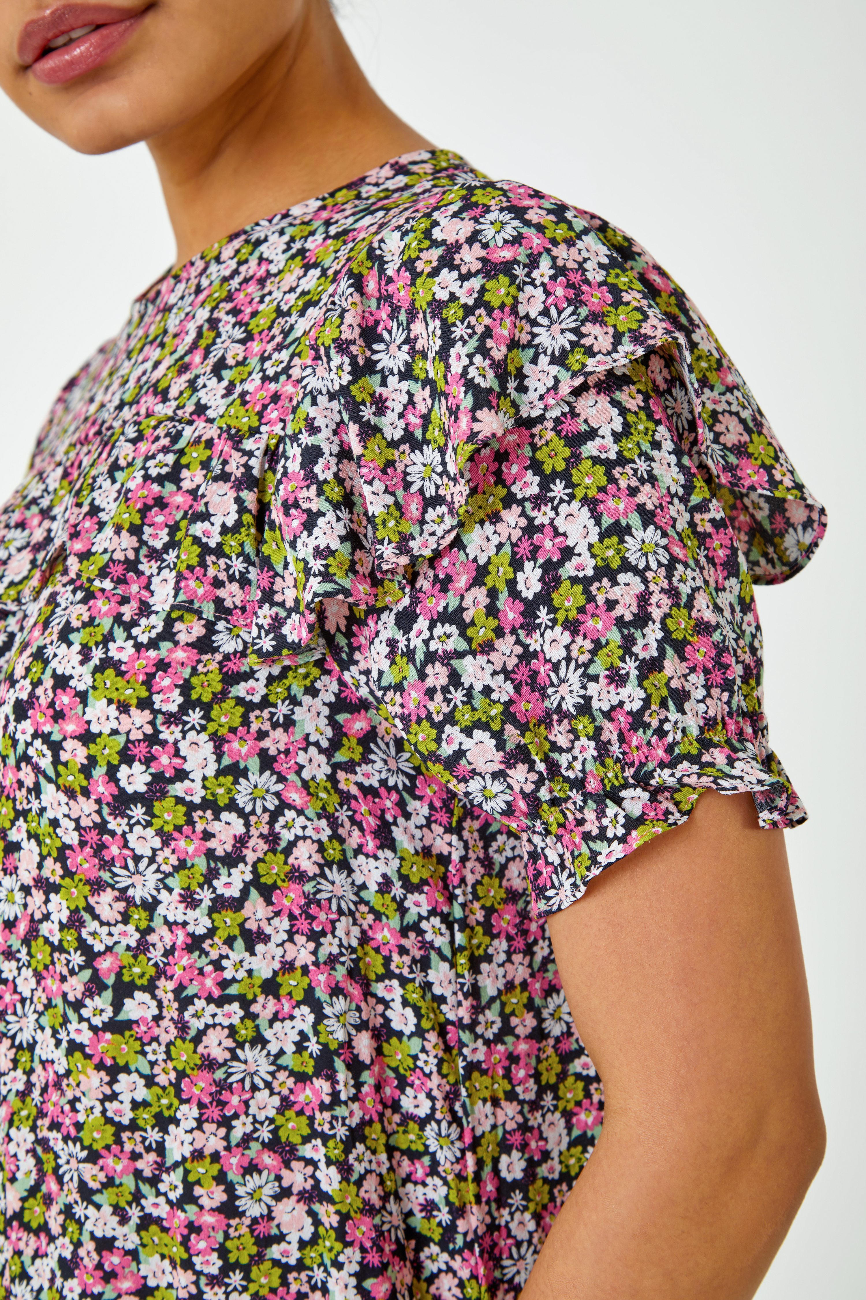 PINK Ditsy Floral Frill Detail Dress, Image 5 of 5
