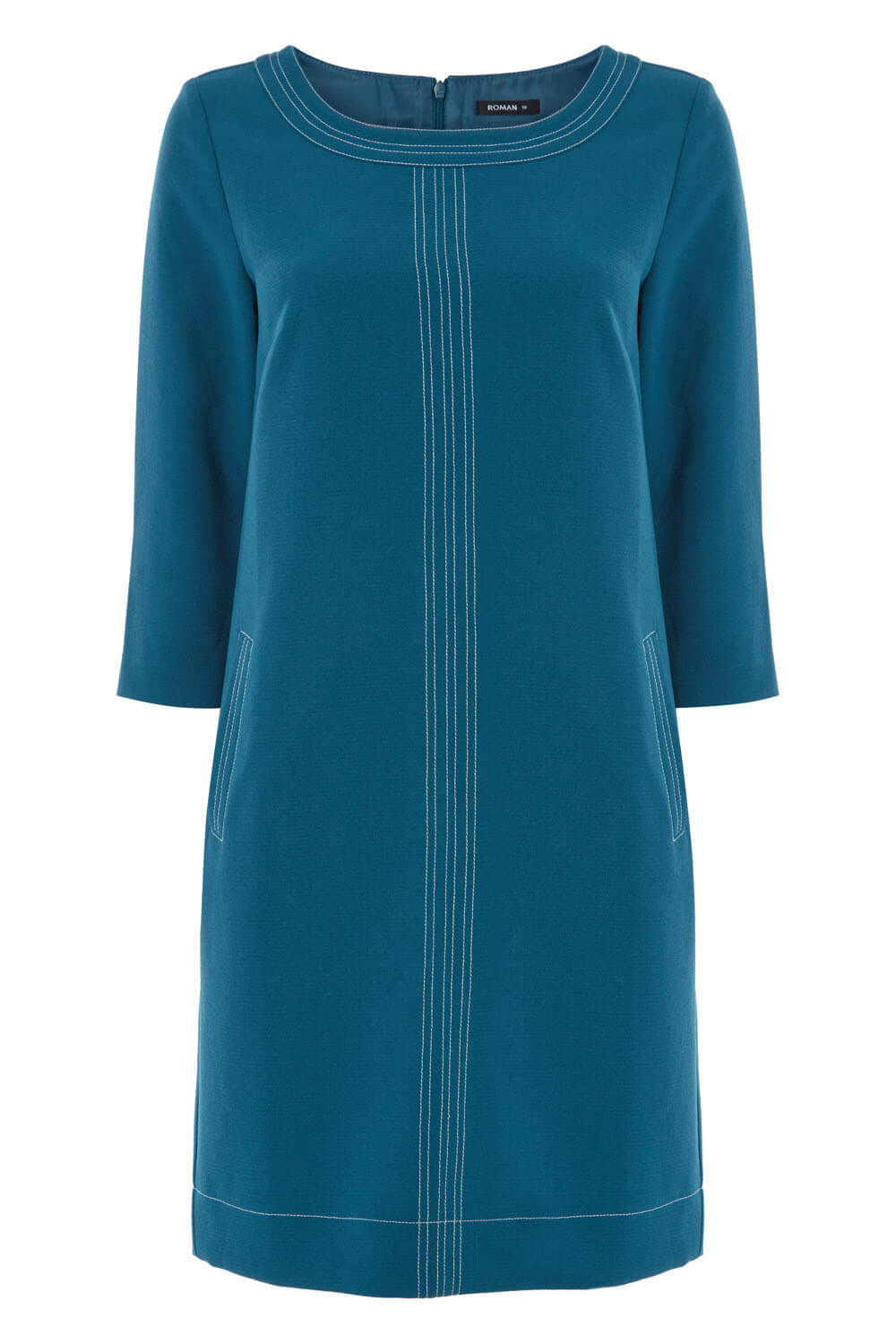 Blue 3/4 Sleeve Top Stitch Shift Dress, Image 4 of 4