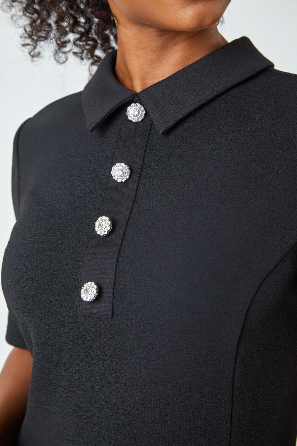 Black Petite Diamante Button Stretch Dress , Image 5 of 5