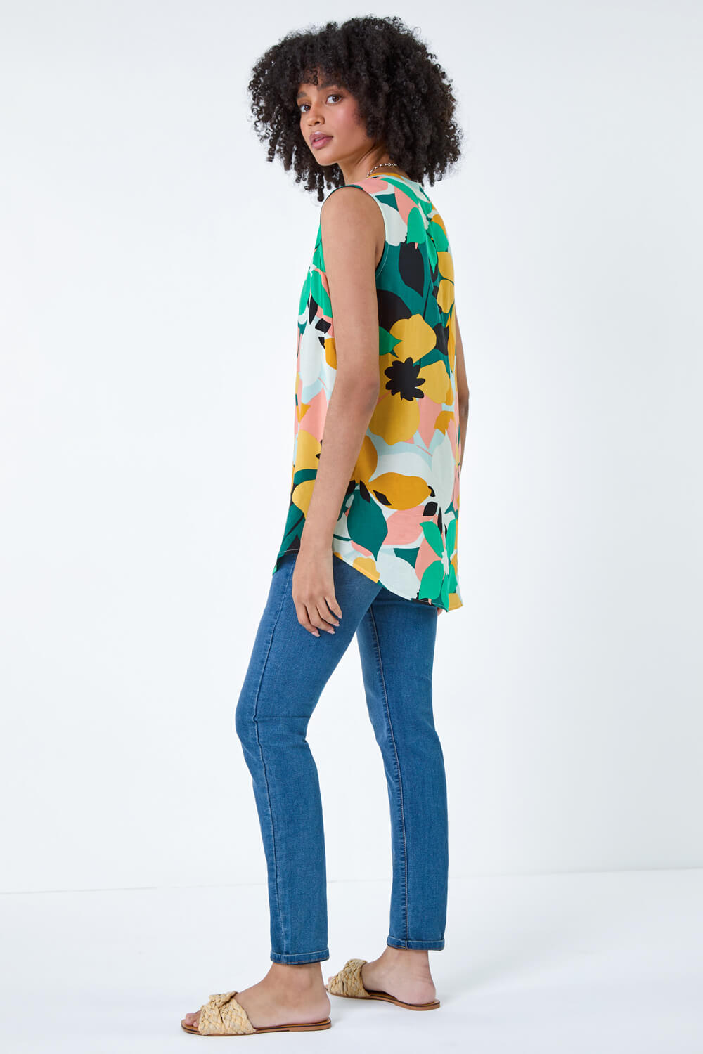 Green Contrast Floral Print Sleeveless Blouse, Image 3 of 5