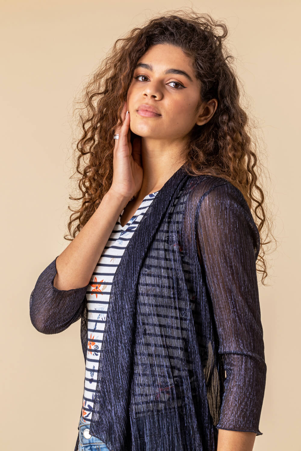 Navy  Waterfall Plisse Cover Up Cardigan, Image 4 of 4