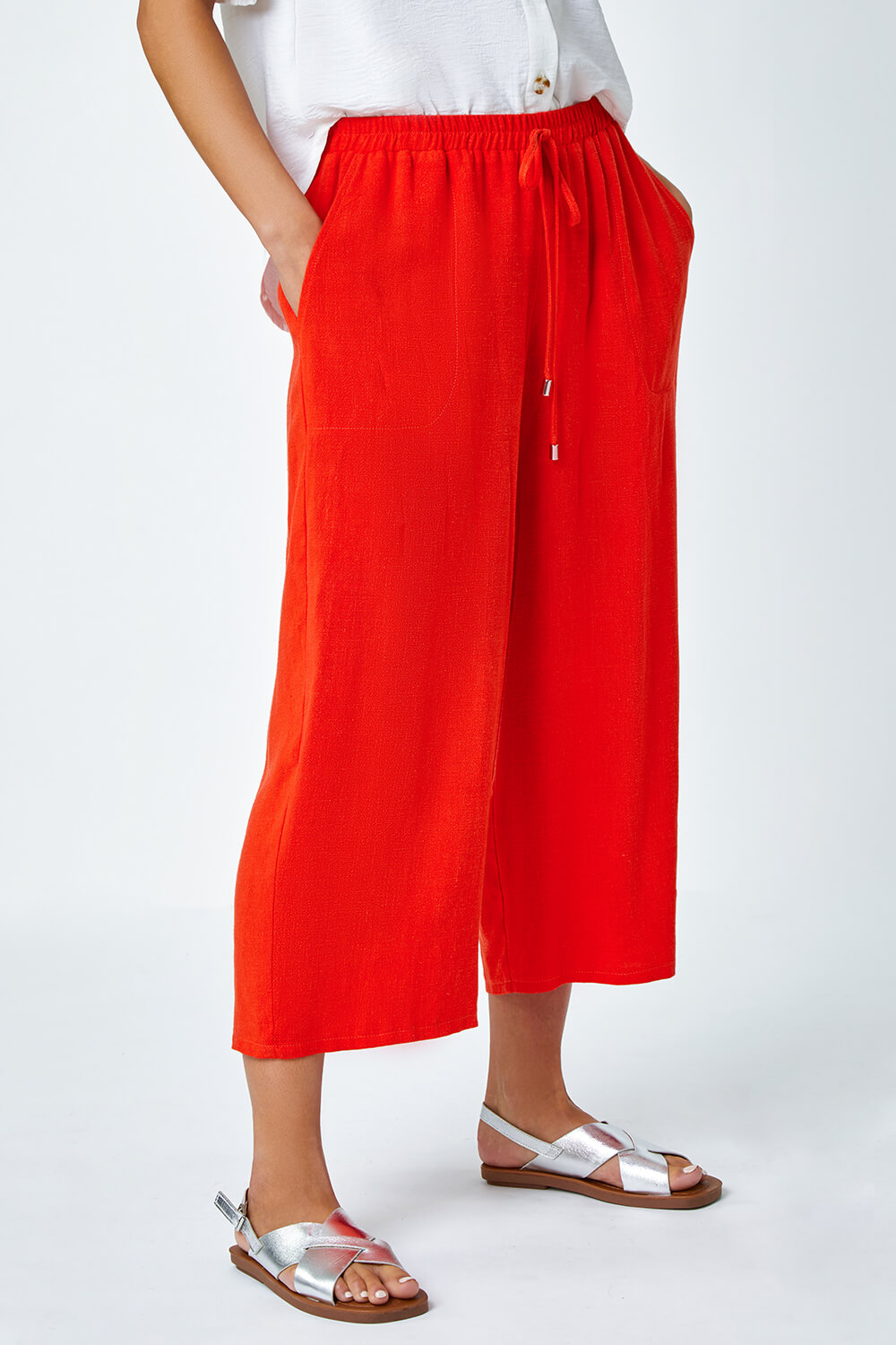 ORANGE Petite Linen Mix Wide Cropped Trousers, Image 4 of 5