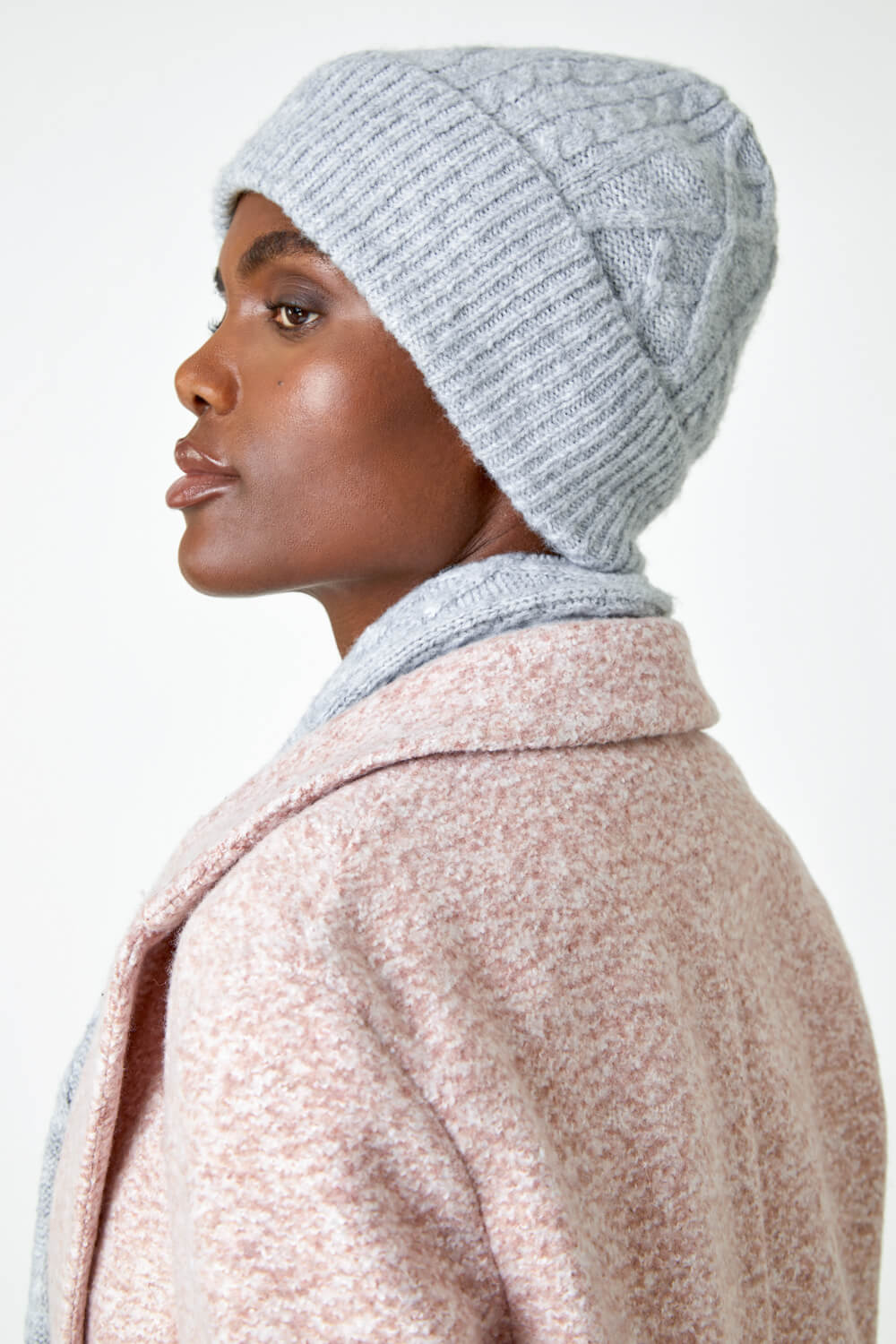 Grey Cable Knit Stretch Hat, Image 2 of 5