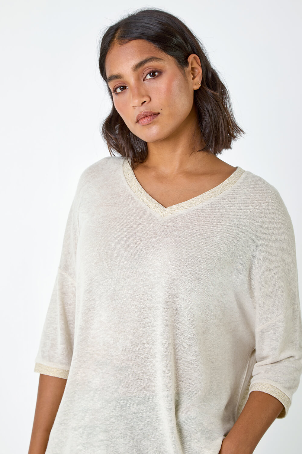 Natural  Metallic Linen Blend Knitted Top, Image 4 of 5